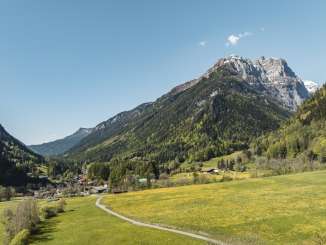 Vättis dans la vallée de la Tamina Paysage alpin dans la vallée de la Tamina avec une prairie fleurie printanière
