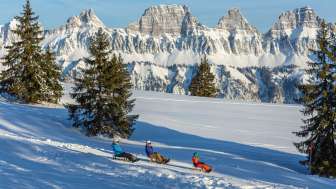 Trois personnes sur une pente de luge au Flumserberg avec les Churfirsten en arrière-plan