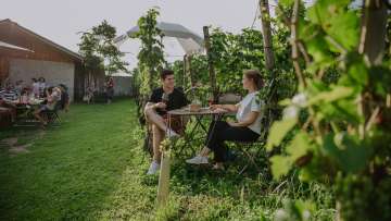 Deux personnes sont assises au milieu des vignes et dégustent ensemble un verre de vin.