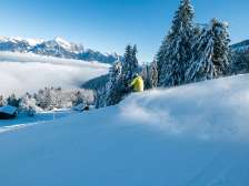 Pizol, hiver, neige, ciel bleu, mer de brouillard, remontées mécaniques de Pizol, ambiance matinale, ski, piste
