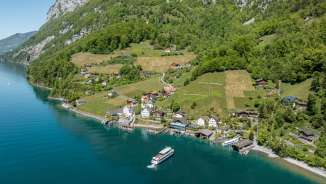 2025, arbres, montagnes, bleu, village, printemps, plans d'eau, vert, Quinten, bateau, lac, forêt, lac de Walenstadt, randonnée, eau